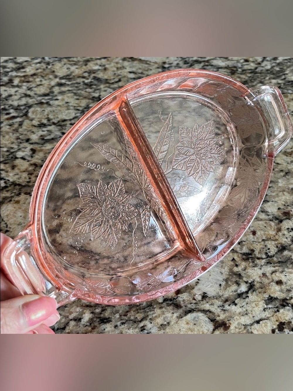Oval Pink Depression Glass Condiment Dish w/ Embossed Floral Poinsettia Handles